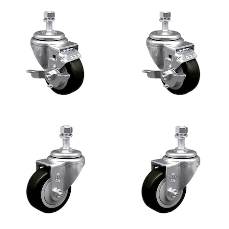 Service Caster 3.5 Inch SS Black Polyurethane Swivel 1/2 Inch Threaded Stem Caster Brakes, 2PK SSTS20S3514-PPUB-BLK-TLB-121315-2-S2